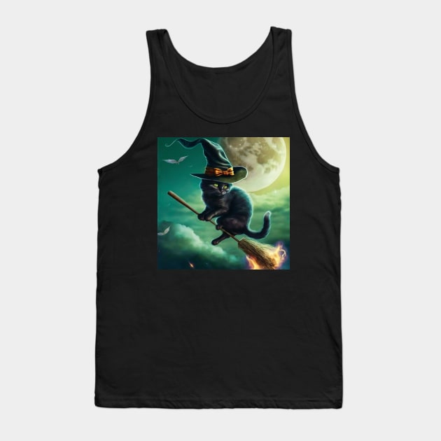 Magical Cat Flying on Her Broomstick Tank Top by MyMagicalPlace